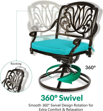 VIVIJASON 3-Piece Patio Furniture Dining Set, Outdoor All-Weather Cast Aluminum Bistro Set, Include 2 Swivel Chairs and 31" Round Table w/Umbrella Hole for Balcony, Lawn, Garden (Ocean Blue Cushion)