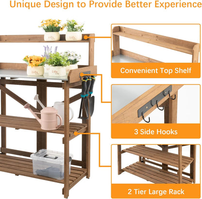 Folding Potting Bench Table,Outdoor Potting Bench Garden Wooden Potting Table,Fir Wood Workstation Planting Table with Galvanized Tabletop,2 Tier Storage Shelves,Top Shelf(Brown)