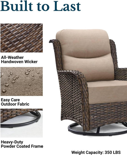 HILLGA Luxury Outdoor Swivel Rocker Patio Chairs of 2 with 6 Inch Thick Cushions and Side Table, Swivel Outdoor Chairs 5PCS High Back Wicker Patio Furniture Set for Porch, Balcony, Deck in Beige