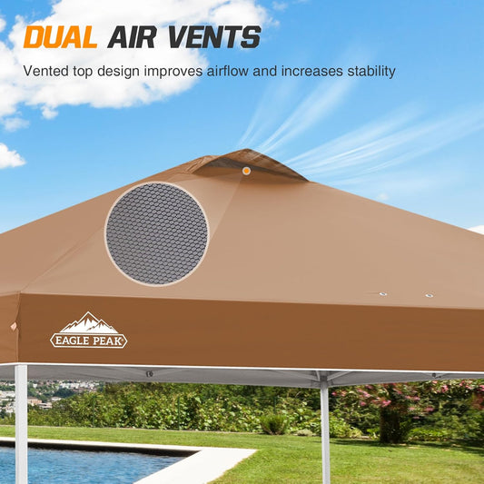 EAGLE PEAK Pop Up Canopy Tent with Wheeled Carry Bag, 8 Stakes, 4 Ropes, 4 Weight Bags, Easy Set Up Tent Canopy, 10x10 ft, 100sqft of Shade, Khaki