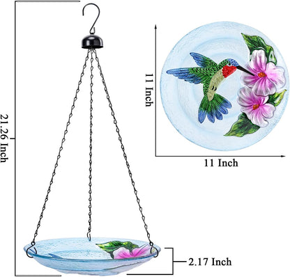 VCUTEKA Glass Hanging Bird Bath for Outdoors, BirdBaths with 21-Inch Rust-Proof Chain, Garden Yard Decor, Hummingbird Pattern