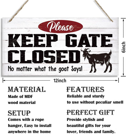Warning Signs, Keep Gate Closed Goat Sign, Decorative Wood Hanging Wood Plaque, Warning Animal Goat Sign, Funny Novelty Caution Goat Sign for Farm Fence Decor, Farmhouse Home Decor, Gate Sign