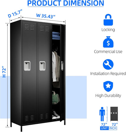 METAN Metal Locker for School Office Gym Bedroom,3 Doors Steel Storage Locker Cabinet for Employees,Industrial Storage Locker with 2 Shelves,Assembly Required (3 Door-Black)