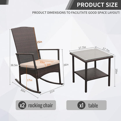 Outdoor Rocking Chair 3 Pieces High-Backed Rocking Chair Outdoor Patio Rocking Chairs Outdoor Table, Khaki