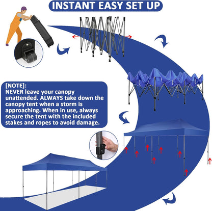 COBIZI 10x30 Pop Up Canopy Without Sidewall,Heavy Duty Canopy UPF 50+ All Season Wind Waterproof Commercial Outdoor Wedding Party Tents for Parties Canopy Gazebo with Roller Bag(10 x 30 ft Dark Blue)