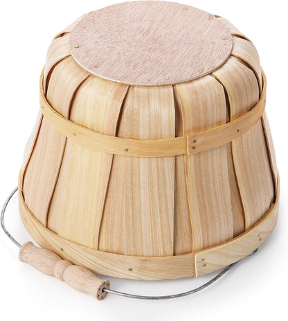Okllen 2 Pack Round Wooden Baskets with Handle, Empty Wood Fruit Buckets, Easter Basket Fall Harvest Basket for Display Fruits Vegetables, Home Garden and Party Supplies, Natural Color