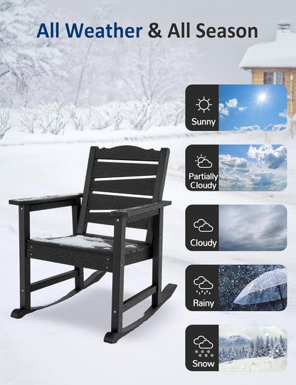 Patio Rocking Chair, Weatherproof HIPS Outdoor Rocking Chair for Adults, 400LBS Support Heavy Duty Porch Rocking Chairs for Garden, Lawn, Backyard, Outdoor and Indoor (Black)