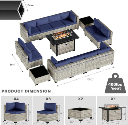 15-Piece Patio Furniture Set, Outdoor Patio Furniture with 55,000 BTU Fire Pit Table, Thick Cushions, Modular Patio Sofa, Dual-Strand Wicker Rattan, Rust-Resistant Frame, Navy Blue