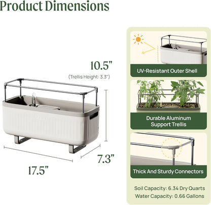 Vego Garden 2 Pack Herb Indoor Planter Box, Self Watering Pots with Trellis for Kitchen Window Sill or Countertop Plants Cage - Cream White