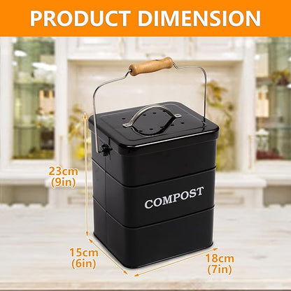 Compost Bin Kitchen Countertop Indoor Compost Pail Bucket, Great for Food Scraps, Carbon Steel, Handles, Black, 1 Gallon - Includes Charcoal Filter