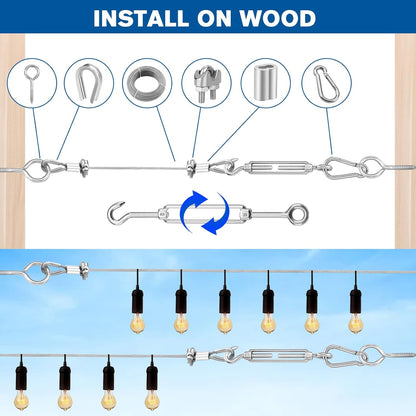 220FT 1/16" Wire Rope Kit - String Light Hanging Kit Vinyl Coated 304 Stainless Steel Cable with Turnbuckles for String Light Hanging, Gate Anti Sag, Stair Railing, Curtain, Picture Hanging, Garden