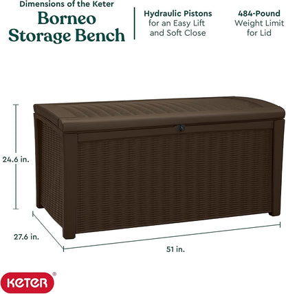 Keter Outdoor Storage Deck Box, for Patio, Backyard & Garden, Borneo, 110 Gallon, Brown - Lockable, Organizing, and Waterproof Plastic Container Bench