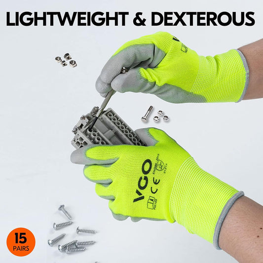 Vgo... 15-Pairs Safety Work Gloves, Gardening Gloves, Polyurethane Coated, Dipping Gloves, Latex Free (Size M, Yellow, PU2103)