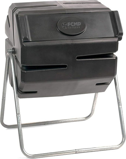 FCMP Outdoor 37 Gallon 1 Piece Plastic Single Chamber Roto Tumbling Composter Outdoor Elevated Rotating Garden Compost Bin, Black