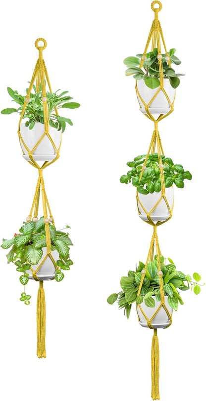 USLAI Macrame Plant Hanger Indoor Outdoor, Up to 4-15 inch Pot, Heavy 20lb Planters, Extra Long Strong Hanging Planter Basket Holder, Boho Home Decor, 49+72 Inch, Yellow (POTS NOT Included)