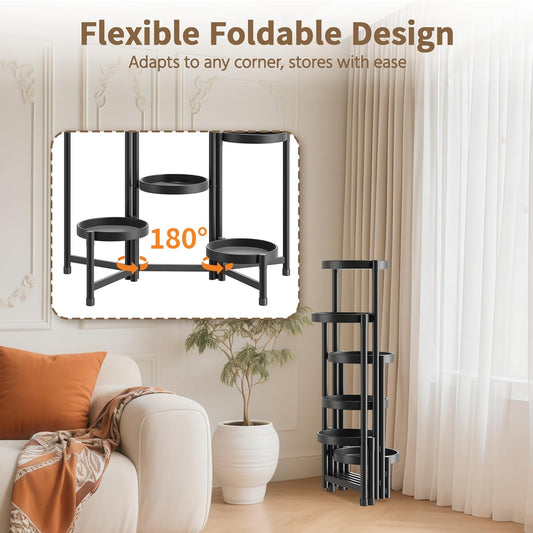LASZOLA 6 Tiered Folding Plant Stand Indoor for Multiple Large Planter, Tall Heavy Duty Adjustable Rack with Rust Proof 10 Inch Wide Tray, Sturdy Vertical Tree Organizer for Narrow Inside Floor, Black