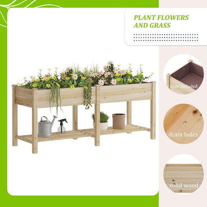 Raised Garden Bed, Planter Box with Storage Shelf, Elevated Wooden Box with Legs, Garden Planter for Backyard, Patio, Balcony, Natural Wood (Natural, L)