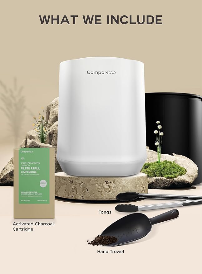 4L COMPONOVA Electric Composter for Kitchen, Countertop Compost Bin, Smart Mill Composter Home Indoor Fertilizer Machine Odorless, Turn Waste to Pre-Compost for Plants (White)