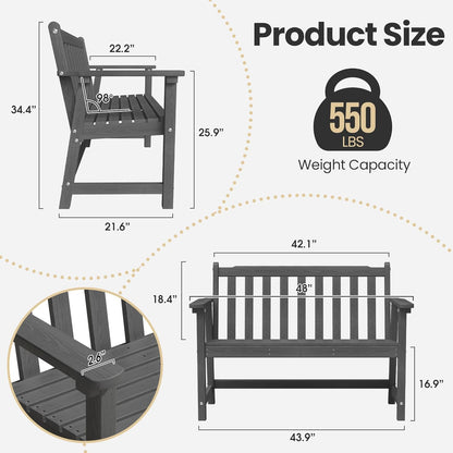 Ciokea 44" Outdoor Bench, HDPE Weatherproof Garden Bench, 2-Person Porch Benches with 550 Lbs, Waterproof Patio Benches for Outside Balcony Deck Backyard, Dark Grey