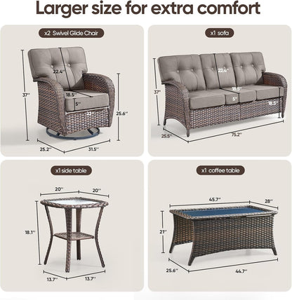 5-Piece Rotating Balcony Chair Set with 31-inch T-Shaped Wide backrest - Rattan Outdoor Rotating Balcony Chairs, Wide backrest Comfortable Outdoor Sliding Chair - Brown | Grey