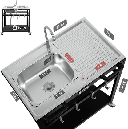 35” Outdoor Grill Cart with Sink, Outdoor Kitchen Sink Station with Hose Hook Up, Free Standing Sink with Wheels, Stainless Steel Sink with Single Bowl, Outdoor Utility Sink with Faucet