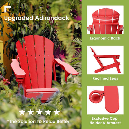 GREENVINES Folding-Adirondack-Chair | HDPE Plastic | Fire Pit Chairs | All Weather | Cup Holder | Red | for Deck Backyard Patio Outdoor Garden
