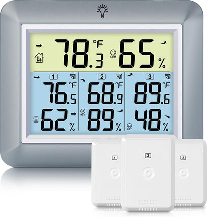 Urageuxy Weather Station Wireless Indoor Outdoor Thermometer with 3 Sensors, Remote Temperature Monitor with Humidity for Home, Baby Nursery, Room, Attic, Patio, Grey