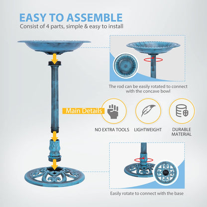 VIVOHOME 28 Inch Height Polyresin Lightweight Antique Outdoor Garden Bird Bath Blue