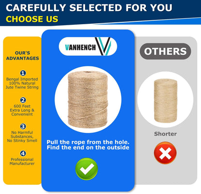 Vanhench 600Feet Natural Jute Twine String, Bulk Hemp Jute Rope Cord Twine for Crafts Gardening, Gift Wrapping, Christmas, Arts & Crafts, Wedding Décor, Packing Material Burlap Ribbon