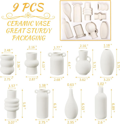 Ceramic Vase for Decor, White Boho Ceramic Vase in Bulk Small Boho Vases Set for Home Modern Minimalist Farmhouse Decoration White Bud Vases for Shelf Decor, Table, Bookshelf (Set of 9)