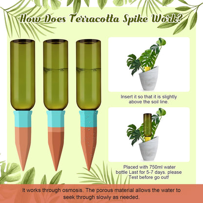 12 Pack Plant Watering Devices Include 6 Terracotta Self Watering Spikes and 6 Pcs 26 oz Plastic Bottles, Slow Release Vacation Insert Automatic Plant Waterer Device (Mixed Colors)
