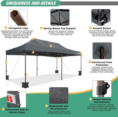 COBIZI 10x20 Pop Up Canopy Tent Heavy Duty with 6 Removable Sidewalls, Commercial Heavy Duty Pop Up Tent for Parties All Weather Waterproof and UV 50+ Wedding Tent with Roller Bag(Legs Upgraded)