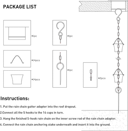 Rain Chain Set 8.5 Ft,Not Rust Wrought Iron Rain Chains for Gutters with Adapter Gotta Drain and Anchoring Stake, 14 Cups, 1 Hook, Adjustable Length for Garden Decorative (Coffee)