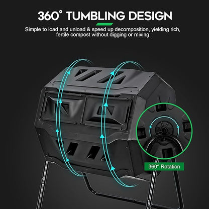 F2C Compost Bin Outdoor 43 Gallon Garden Dual Chamber Composter Bin - Bundled with Pearson's Gardening Gloves, BPA Free, Heavy-Duty Steel Frame, Rotating Tumbler with Sliding Doors -Black