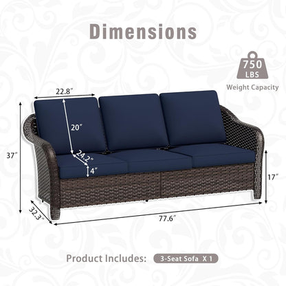3 Piece Patio Wicker Conversation Set, All-Weather Use Outdoor Wicker Sofa with 2 PE Rattan 360 Swivel Chair, Ideal for Porch, Backyard, Balcony, Poolside, Blue