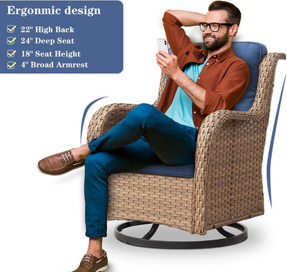Wicker Outdoor Furniture Patio Furniture Set - 6 Piece Patio Conversation Set with Swivel Rocker Chairs, Loveseat Sofa, Ottomans and Coffee Table, Blue Cushion