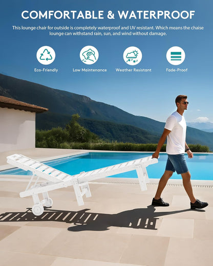 SERWALL Patio Chaise Lounge Set of 2, HDPE Outdoor Lounge Chair with Cup Holder, 5 Positions Adjustable Pool Lounge Chair with Rolling Wheels for Poolside, Deck, Sunbathing, White