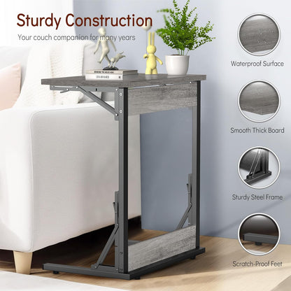 Tatub 24" Folding C Shaped End Table, Small Sofa Side Laptop Desk, Couch TV Tray Table for Living Room, Bedroom, Light Ivory