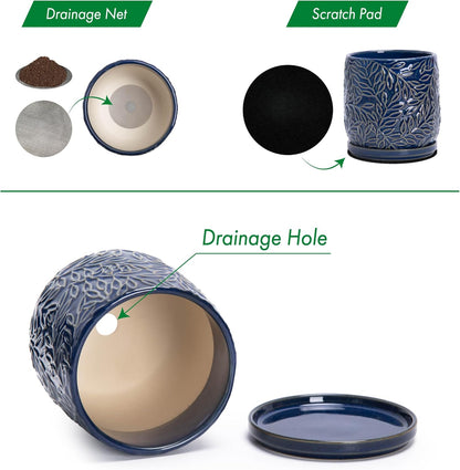 D'vine Dev 5 Inch Embossed Leaves Stoneware Planter Pot with Drainage Hole and Saucer, Midnight Blue, 27-A-V-3