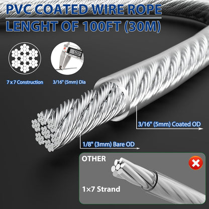 M6 Turnbuckles for Cables Wire Kit, 3/16" PVC Coated Steel Cable Kit w/ 7×7 Strand Core & 100Ft Wire Rope Tensioner Strainer for String Light Hanging/Deck Stair Railing/Shade Sail/Clothes Line