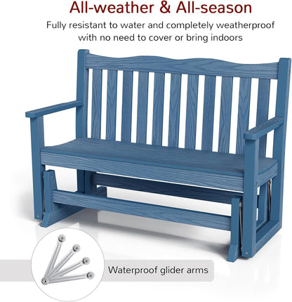 Stoog Outdoor Glider Bench, All-Weather HIPS Patio Glider with 800 lbs Weight Capacity, Never Fade or Rot, Outdoor Rocking Bench Chair for Porch, Backyard, Blue