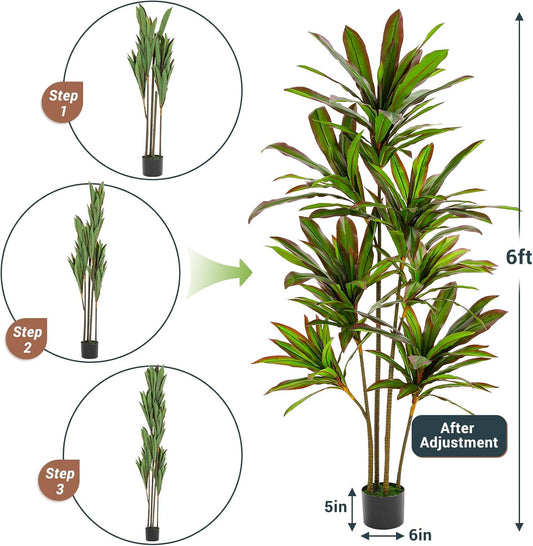 VIAGDO Dracaena Silk Plant Artificial 6ft Faux House Plants with Red Leaf Margin Fake Yucca Palm Trees in Pot Realistic Dragon Tree for Living Room Home Office Decor Indoor Outdoor