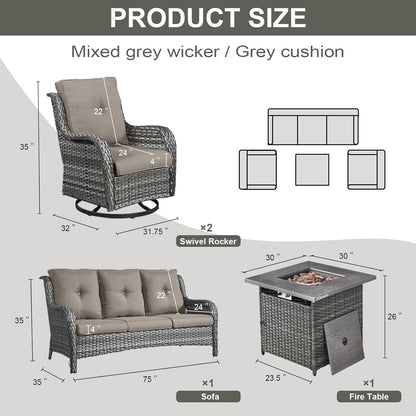 Outdoor Patio Furniture Set with 50000BTU Propane Fire Pit Table, 4 Pieces Wicker Patio Conversation Set with 2 Swivel Rocker Glider Chairs Rattan Sofa Blue Cushion Perfect for Casual Gathering