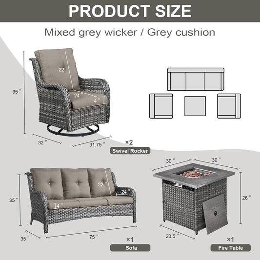 Outdoor Patio Furniture Set with 50000BTU Propane Fire Pit Table, 4 Pieces Wicker Patio Conversation Set with 2 Swivel Rocker Glider Chairs Rattan Sofa Blue Cushion Perfect for Casual Gathering