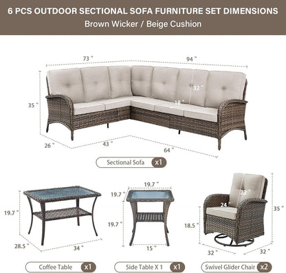 Outdoor Furniture Set - 6 Pieces Patio Conversation Sectional Sofa Set with Swivel Rocker Outdoor Chairs Set of 2 and Wicker Coffee Table for Deck Backyard Sunroom Brown
