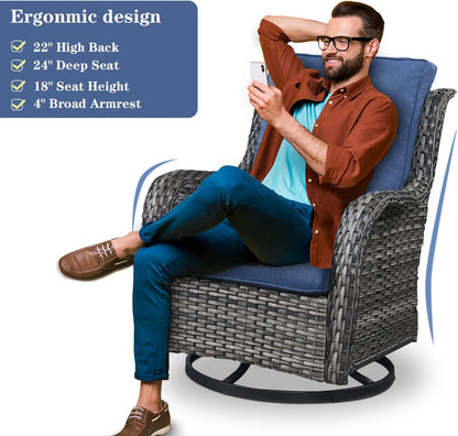 Outdoor Patio Furniture Set with 50000BTU Propane Fire Pit Table, 4 Pieces Wicker Patio Conversation Set with 2 Swivel Rocker Glider Chairs Rattan Sofa Blue Cushion Perfect for Casual Gathering