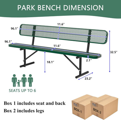 8 Feet Heavy Duty Metal Park Bench for Outside, Outdoor Bench with Backrest & Portable Frame, Commercial Benches for Shopping Malls, Stores, Parks, Patios, Decks, Green