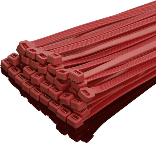 XINGO 14 Inch Red Zip Ties Heavy Duty 100 Pack, 120 LBS Tensile Strength, Premium Nylon Cable Wire Ties, Self-locking Plastic Ties for Indoor and Outdoor Use
