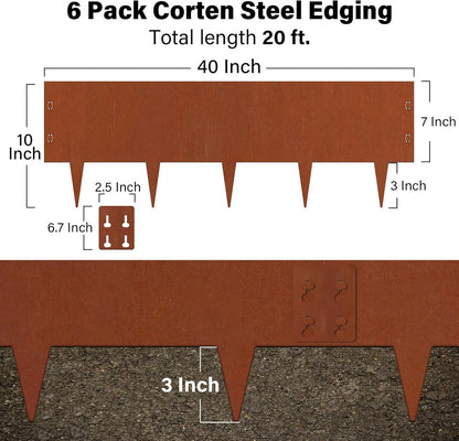Co-rten Steel Landscape Edging 10" H x 40" L, 6 Pack Heavy Duty Metal Garden Edging, 20Ft Pre-Rustyed Steel Edging, Bendable Metal Edging for Landscaping, Yard, Tree, Flower Bed