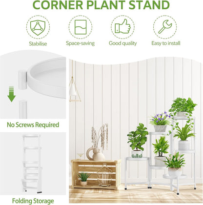 iDavosic.ly 6 Tier Large Plant Stand Indoor with 10 Inch Wide Tray, Tiered Corner Metal Outdoor Flower Display Holder Shelf, Folding Tall Rack for Patio Porch Living Room, White